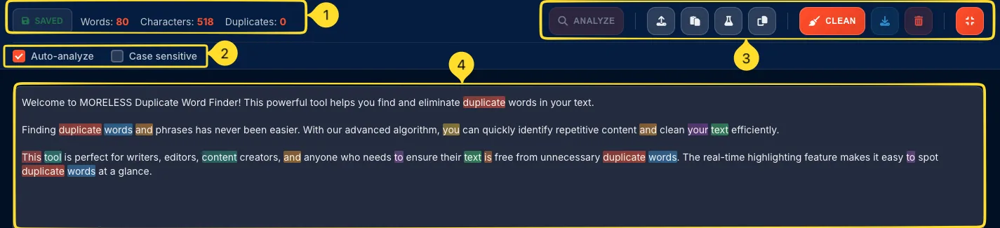 Fullscreen mode showing expanded interface with stats header, toolbar, and large text area