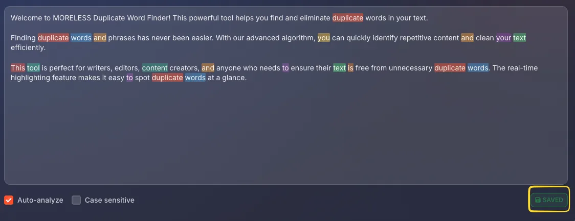 Text area with color-coded duplicate word highlighting and SAVED badge