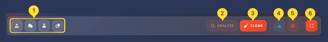 Toolbar with Upload, Paste, Copy buttons on left and ANALYZE, CLEAN, Download, Clear, Fullscreen buttons on right