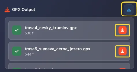 GPX Output section with converted files ready to download