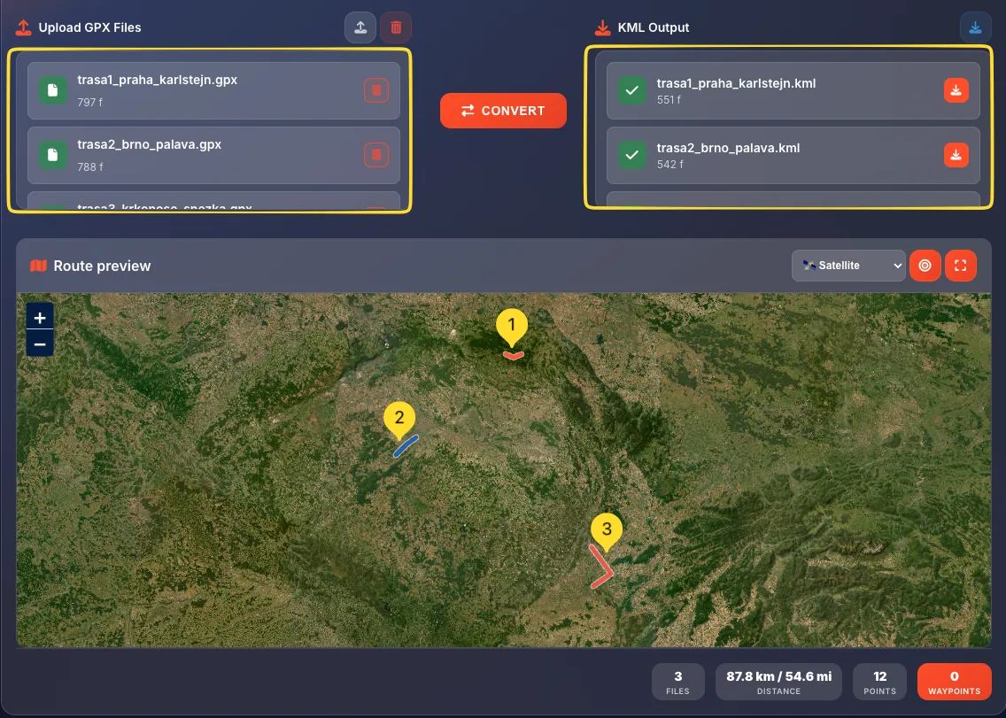 KML Output section with converted files ready to download