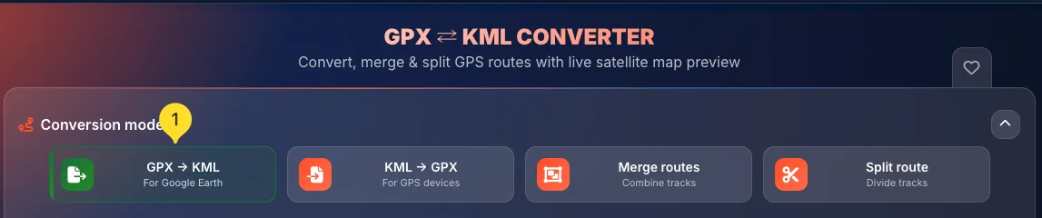 GPX to KML mode button selected
