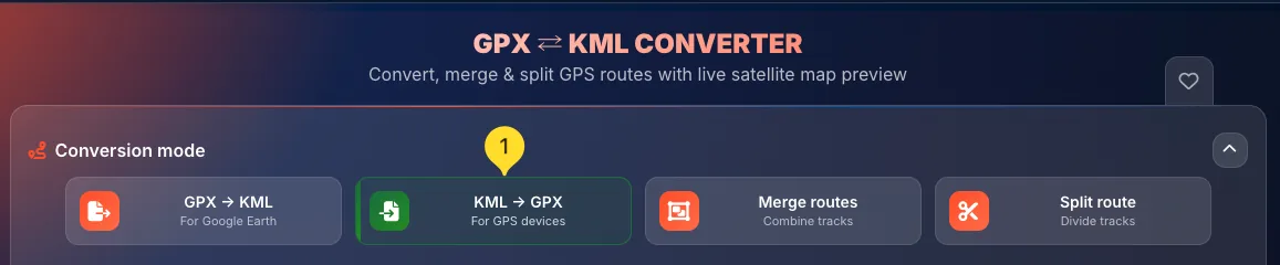 KML to GPX mode button selected
