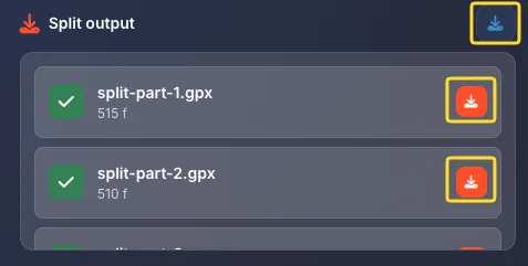 Split output section with split files ready to download