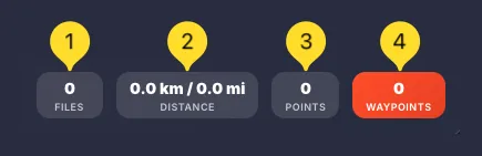 Statistics bar showing FILES, DISTANCE, POINTS, and WAYPOINTS counters