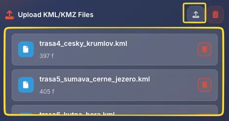 Upload KML Files section with drop zone