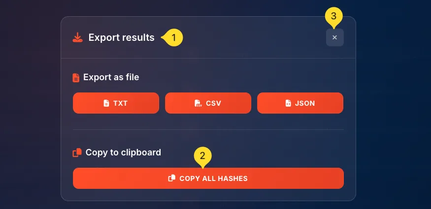 Export results modal with TXT, CSV, JSON buttons and COPY ALL HASHES option