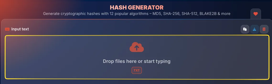 Input area with drop zone showing upload icon, placeholder text, and TXT badge