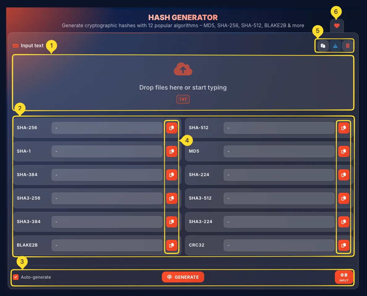 Hash Generator interface showing input drop zone, hash output grid, bottom controls, and header buttons
