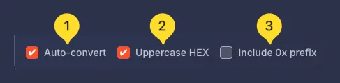 Available options checkboxes - Auto-convert, Uppercase HEX, Include 0x prefix