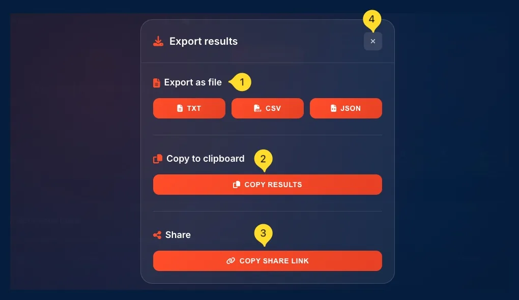 Export modal with TXT, CSV, JSON buttons and Copy/Share options