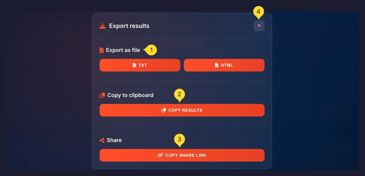 Export modal with download and share options