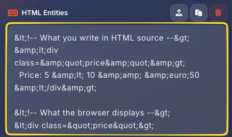 Input panel showing 'HTML Entities' label in Entities to Text mode