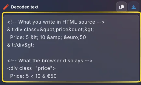 Output panel showing 'Decoded text' label in Entities to Text mode