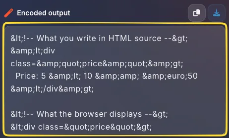 Output panel showing 'Encoded output' label in Text to Entities mode
