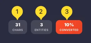 Statistics counters showing CHARS, ENTITIES, and CONVERTED percentages