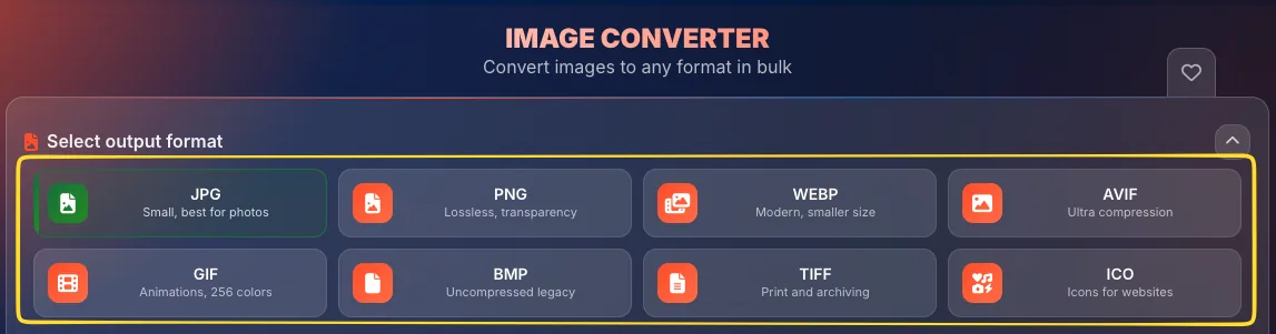 Output format selector with 8 format buttons