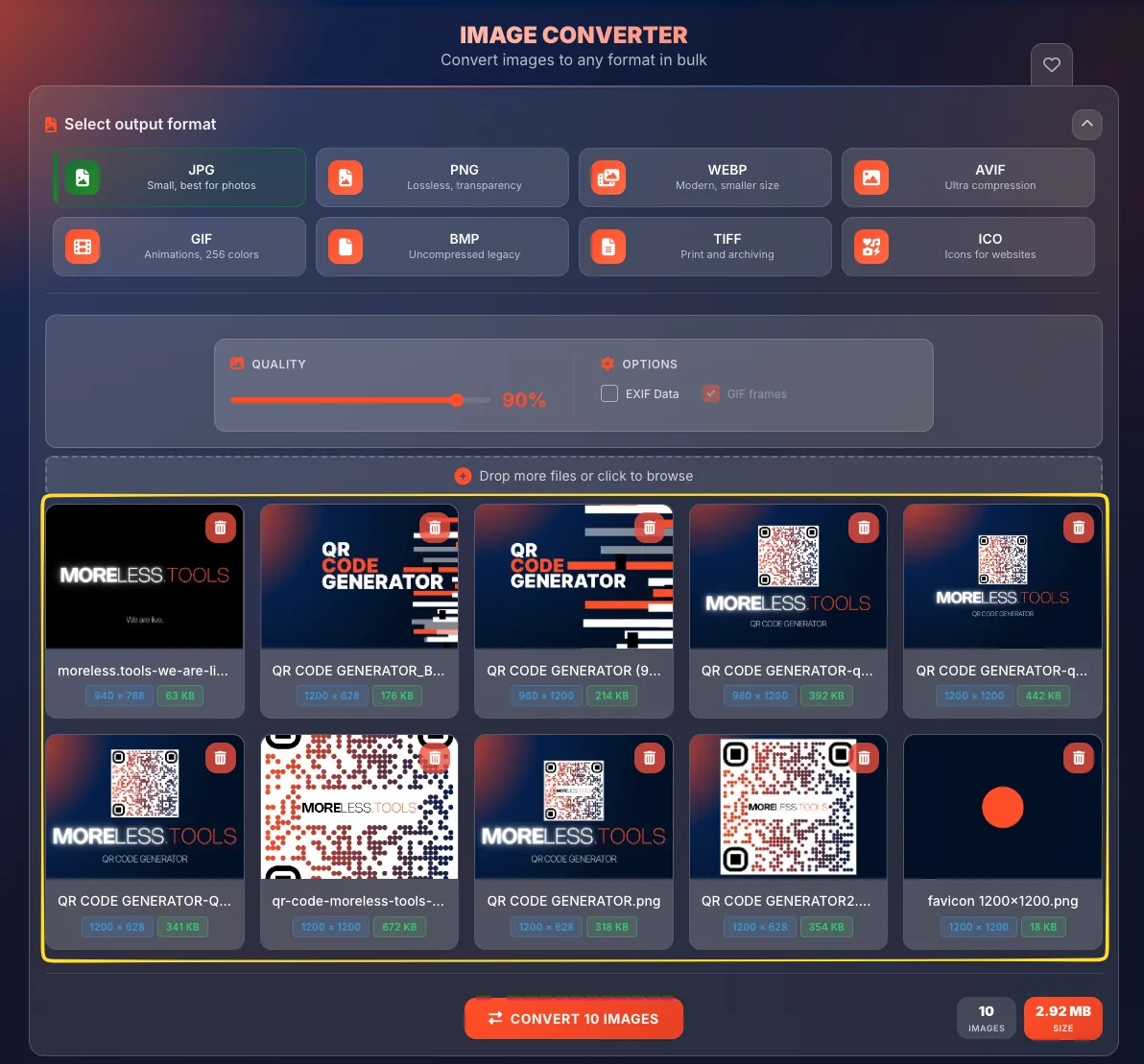 Image preview grid showing uploaded images with thumbnails and details