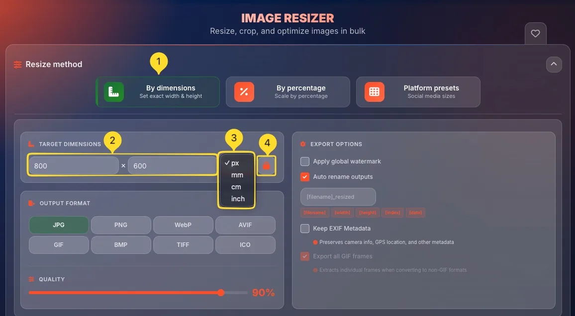 TARGET DIMENSIONS panel with width, height inputs and aspect ratio lock button