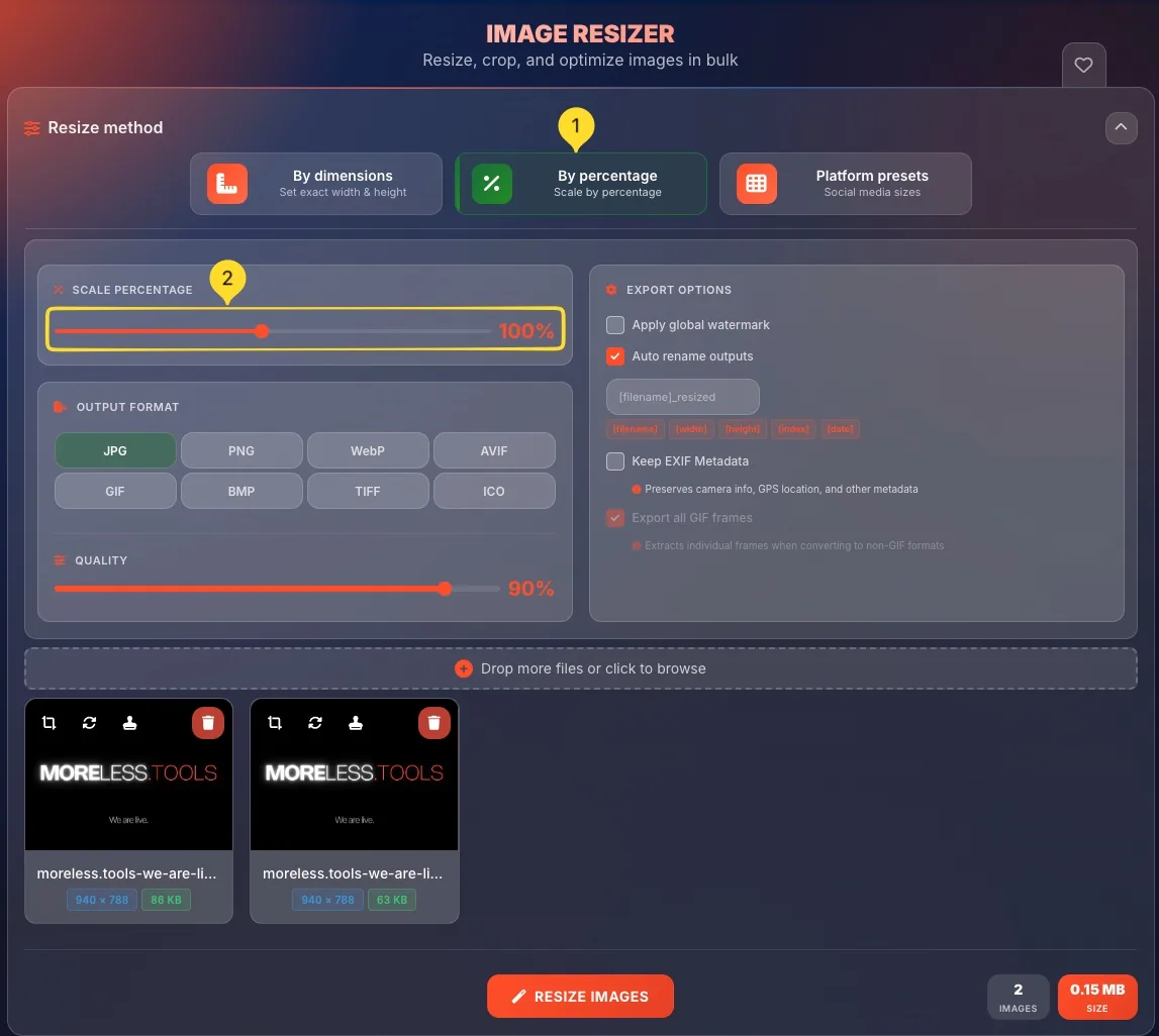 SCALE PERCENTAGE panel with slider and percentage display