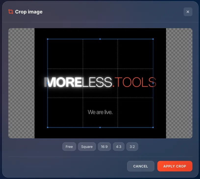 Crop image modal with image preview, crop selection, aspect ratio buttons, and action buttons