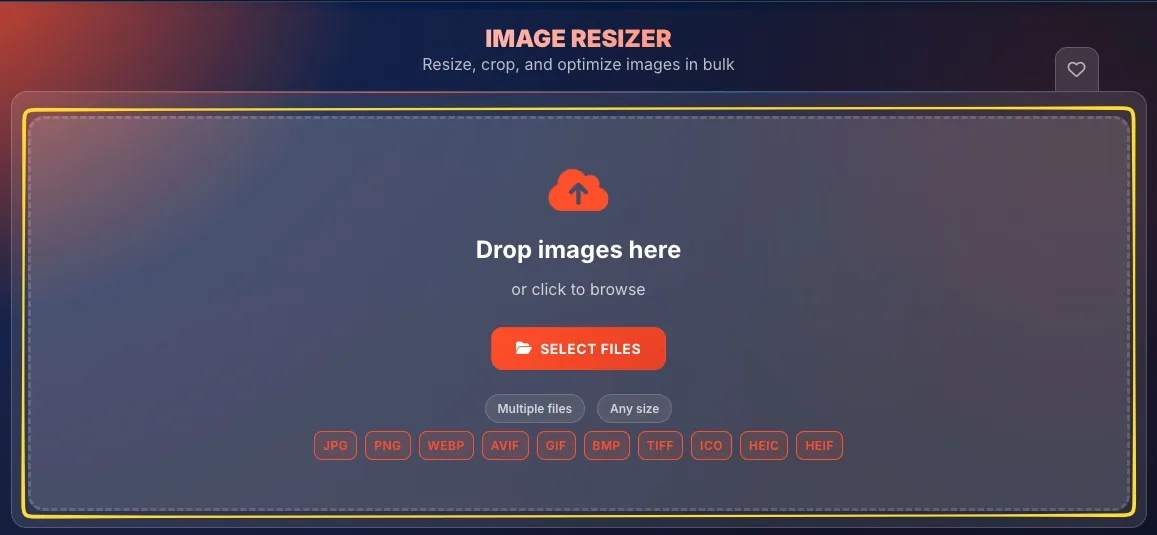 Image Resizer drop zone with upload icon, SELECT FILES button, and format badges