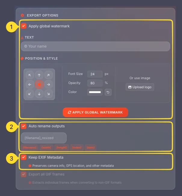 EXPORT OPTIONS panel with watermark, auto rename, EXIF metadata, and GIF frames settings