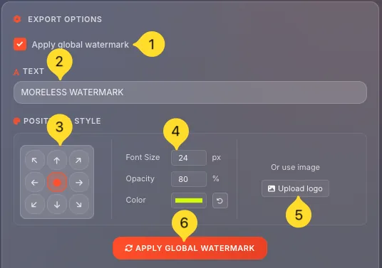 Global watermark settings with text input, position grid, font size, opacity, color, and logo upload