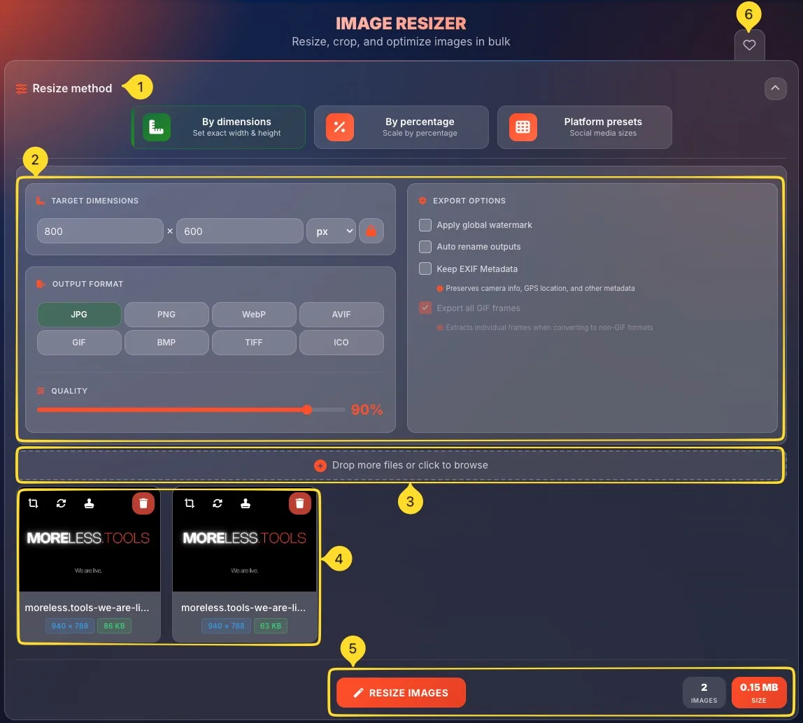 Image Resizer complete interface with drop zone, resize methods, settings, gallery, and bottom bar
