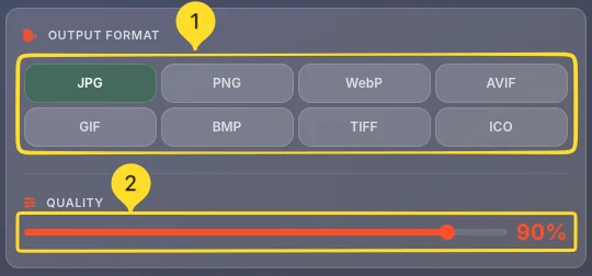 OUTPUT FORMAT panel with JPG, PNG, WebP, AVIF, GIF, BMP, TIFF, ICO format buttons