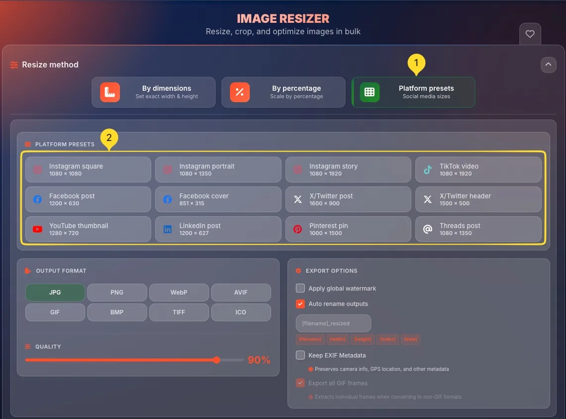PLATFORM PRESETS grid showing Instagram, TikTok, Facebook, Twitter, YouTube, LinkedIn, Pinterest, Threads options