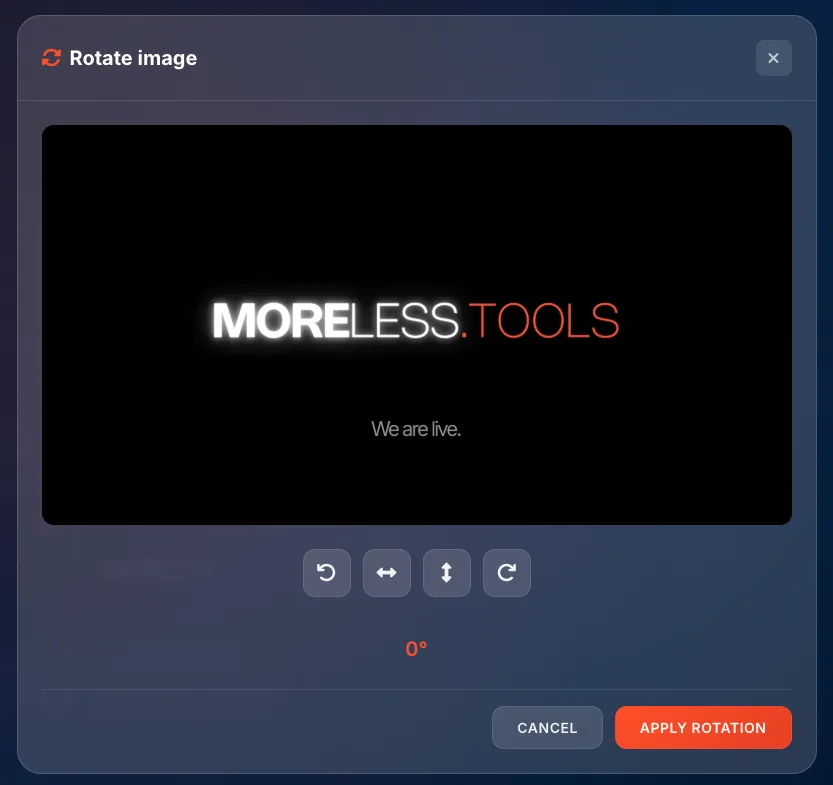 Rotate image modal with image preview, rotation buttons, flip buttons, and current angle display