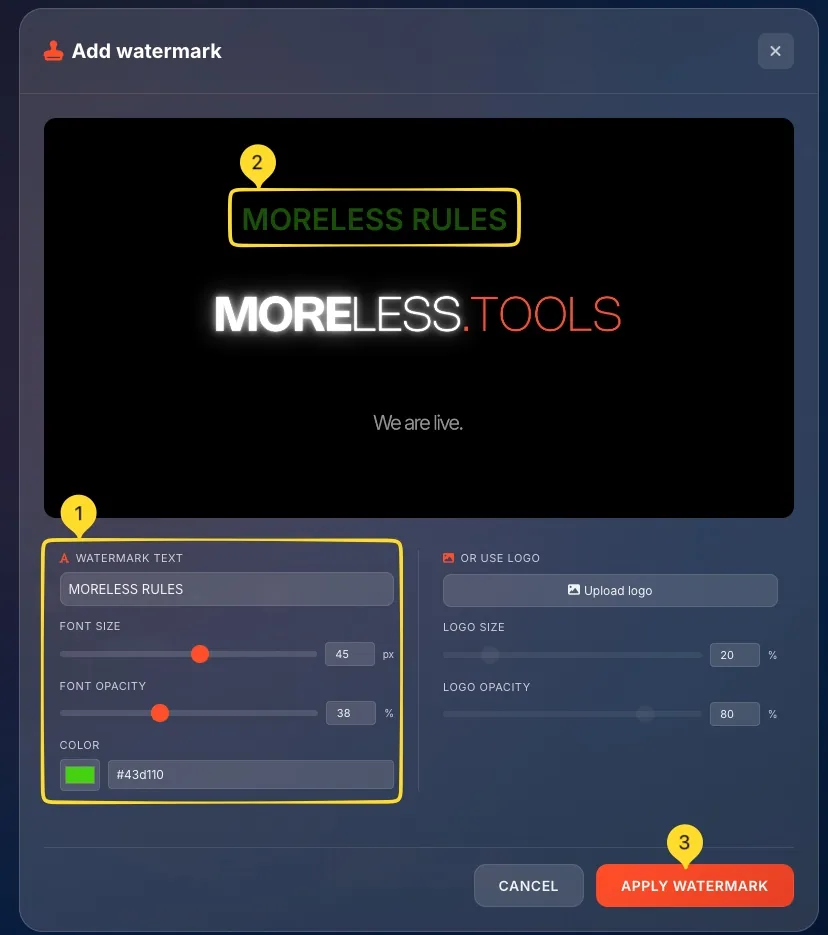 Add watermark modal with image preview, text input, font settings, logo upload, and styling options