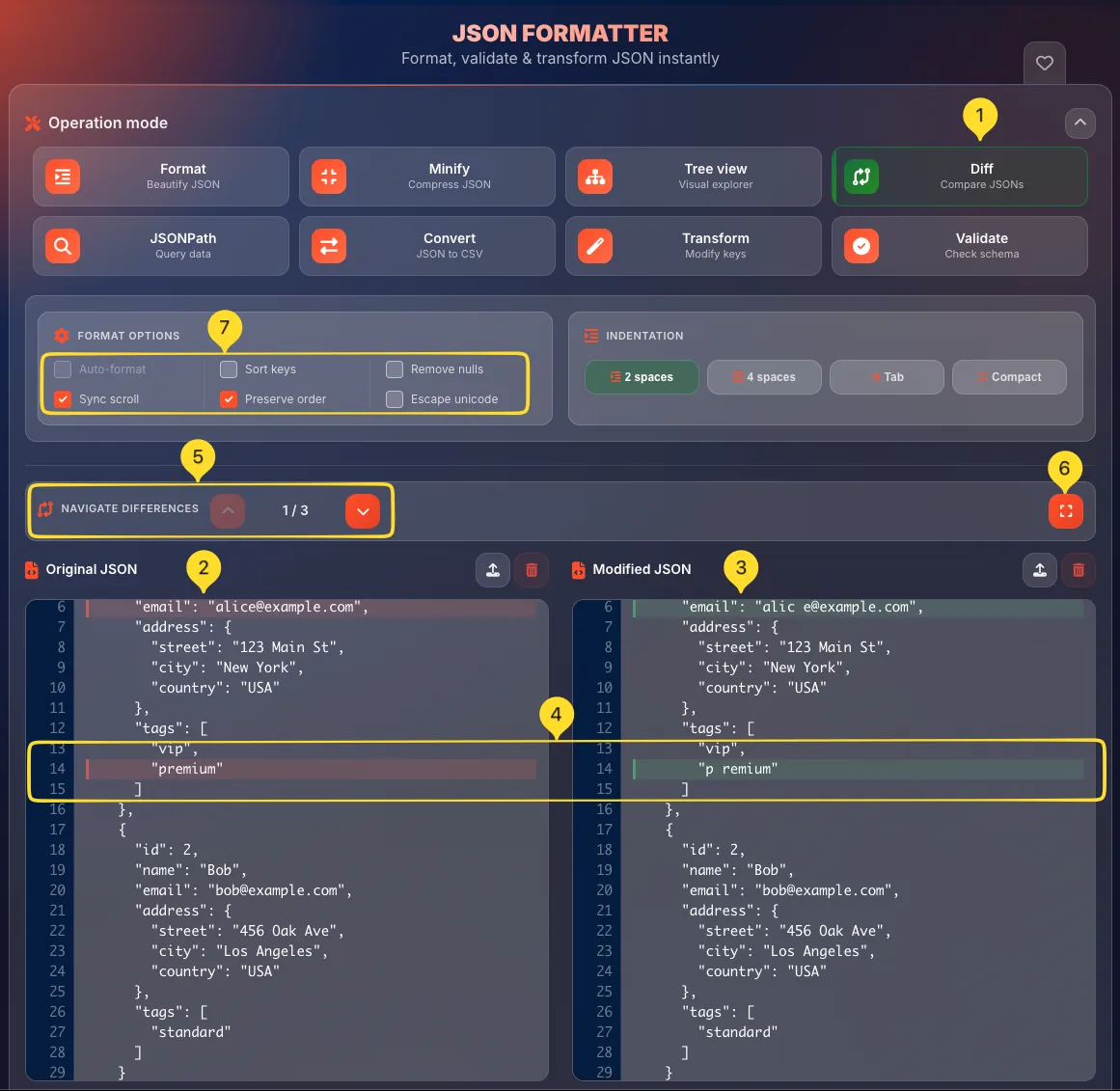 JSON formatter Diff mode interface