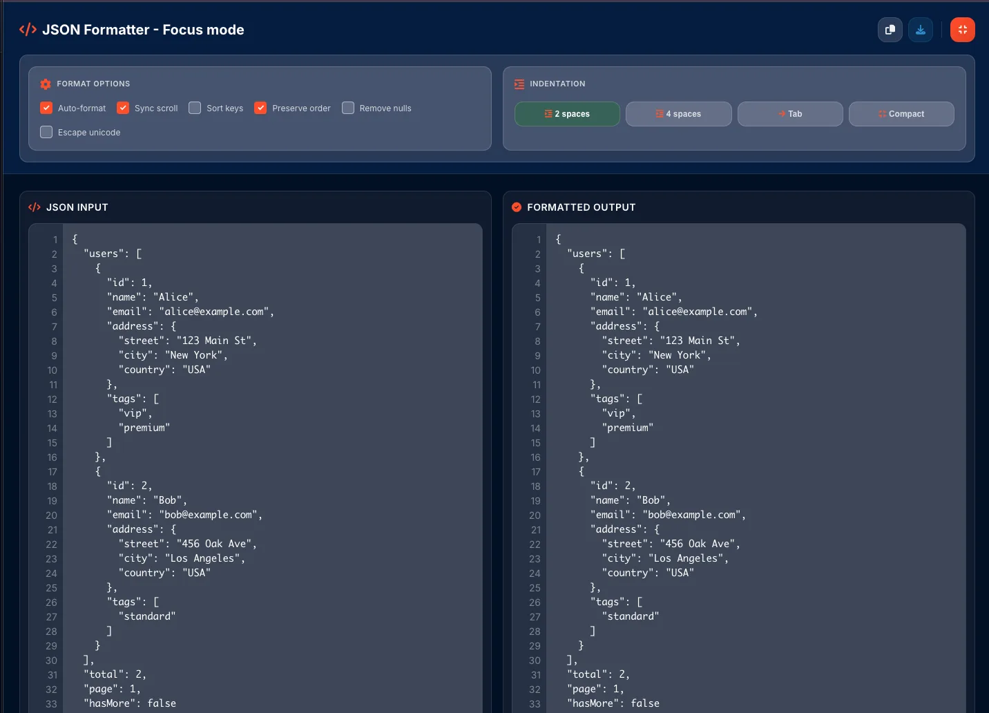 JSON formatter Focus mode