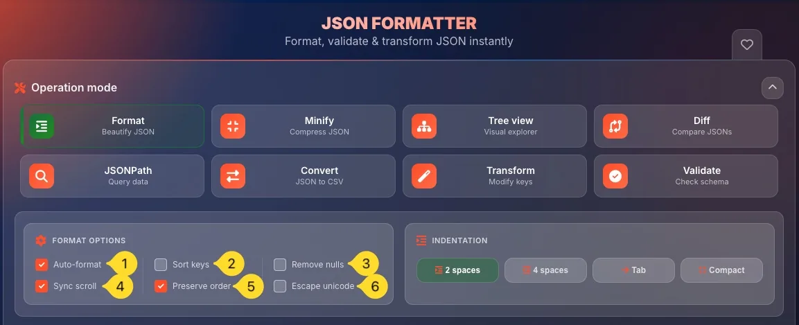 JSON formatter FORMAT OPTIONS toggles