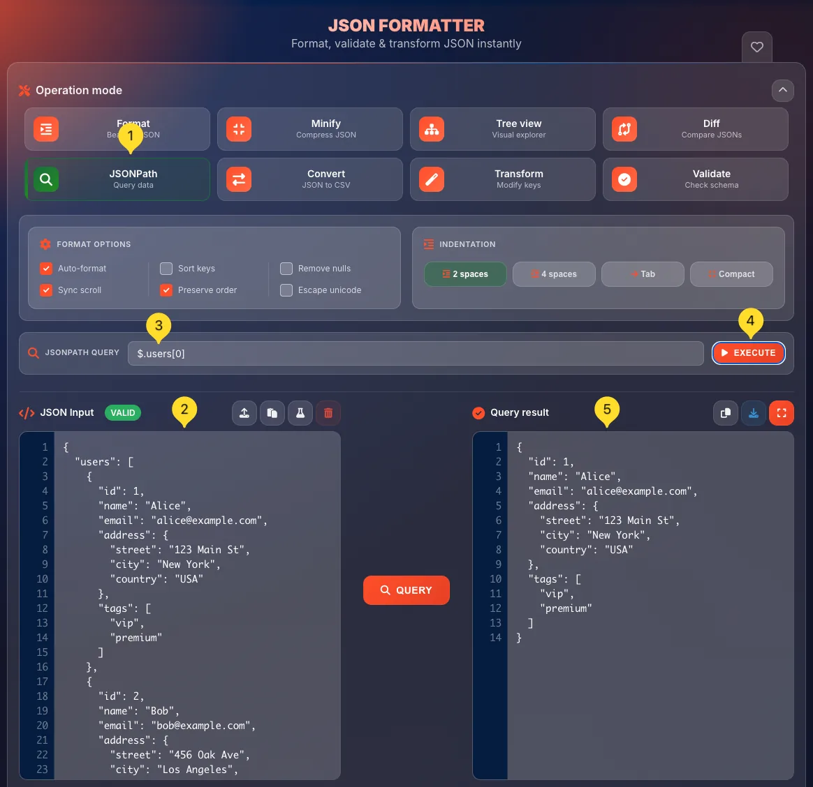 JSON formatter JSONPath mode interface