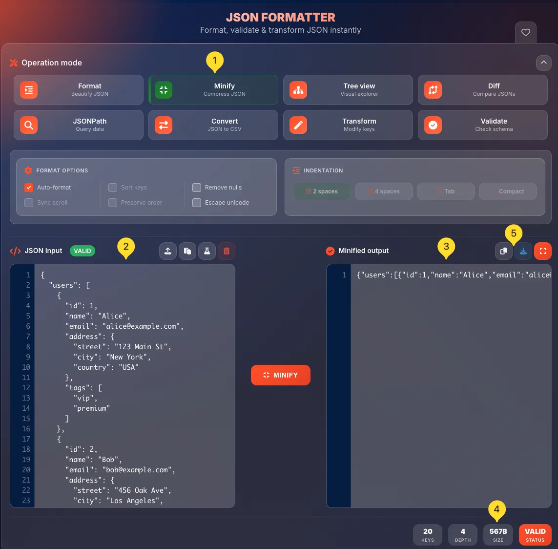 JSON formatter Minify mode interface