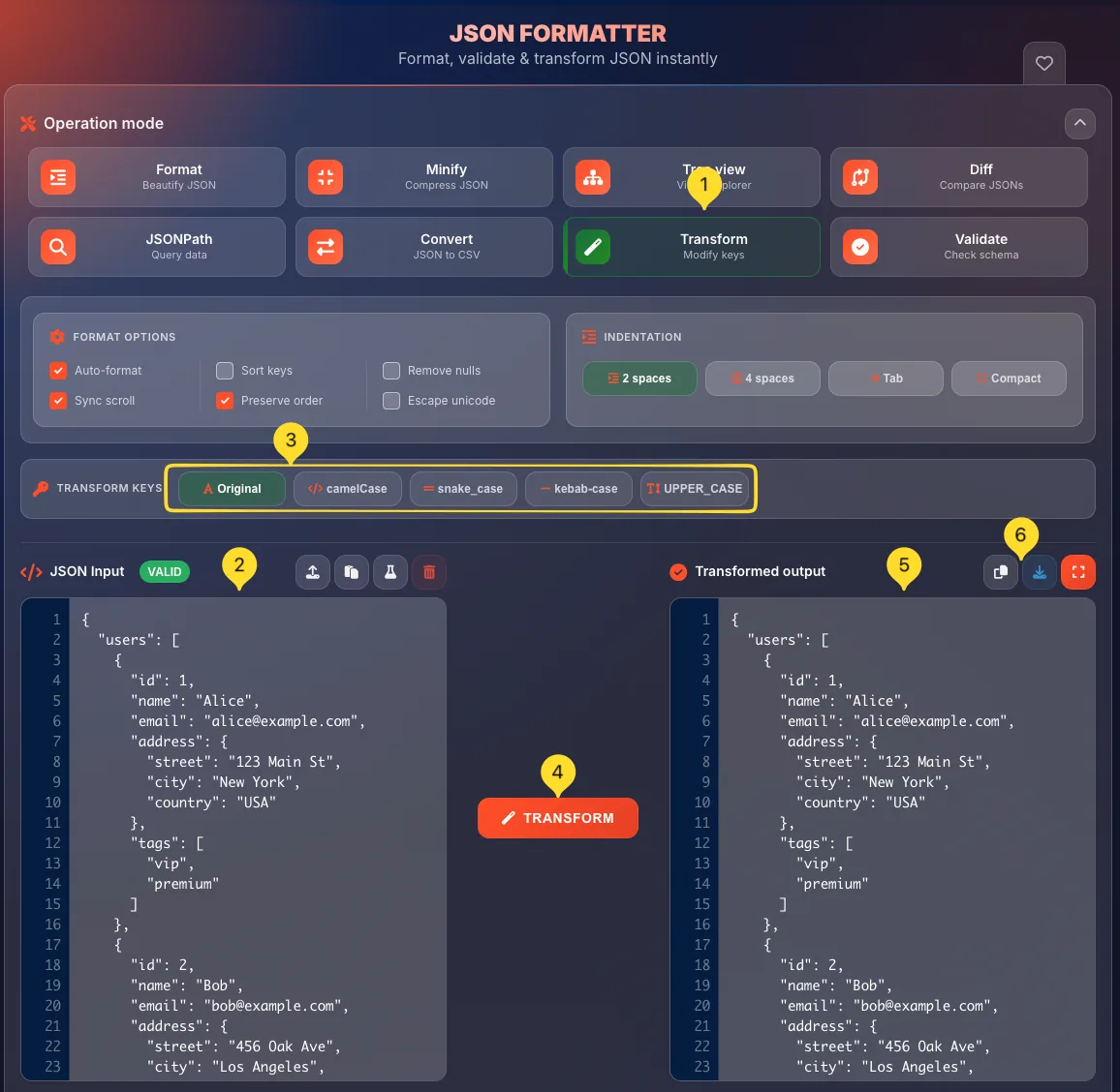JSON formatter Transform mode interface