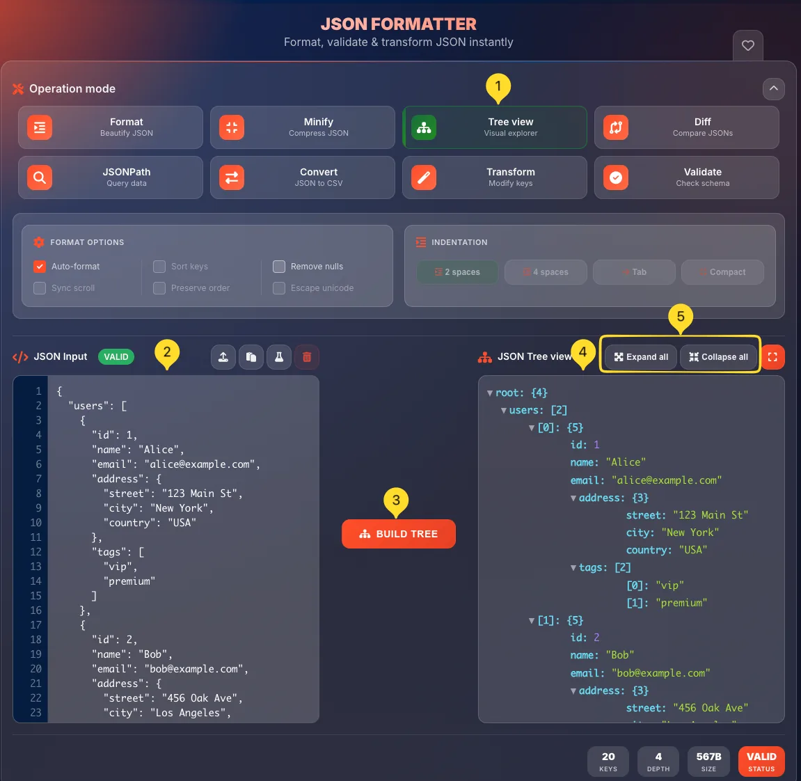 JSON formatter Tree view mode interface