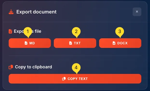 Export document modal with MD, TXT, DOCX options and Copy button