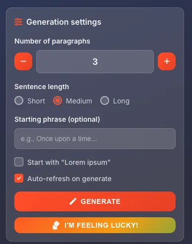 Generation settings panel