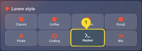 Hacker style selected in Lorem style panel