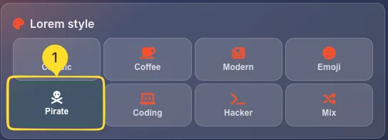 Pirate style selected in Lorem style panel