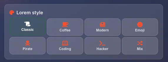 Lorem style selector with 8 style options