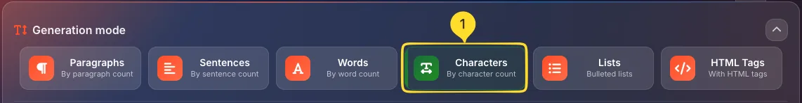 Characters mode selected in generation mode selector