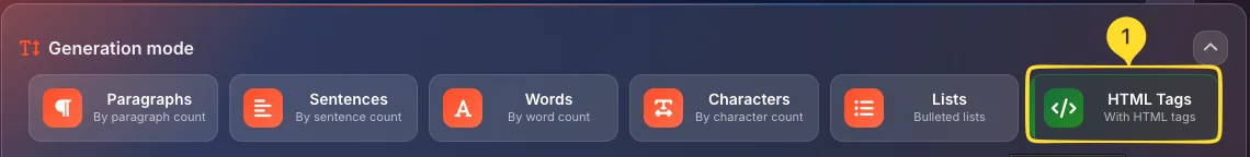 HTML Tags mode selected in generation mode selector