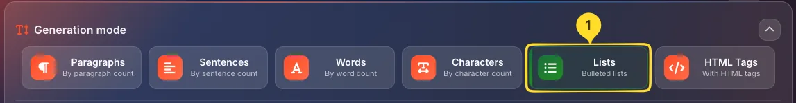 Lists mode selected in generation mode selector