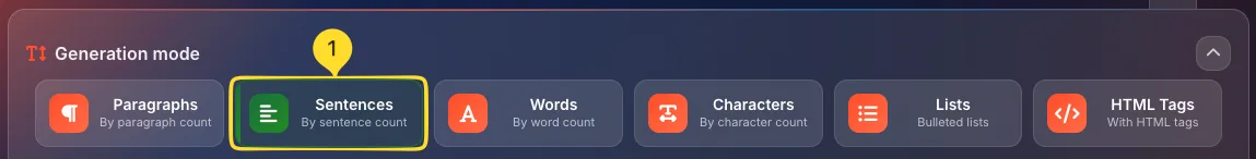 Sentences mode selected in generation mode selector