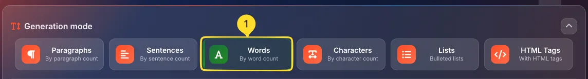 Words mode selected in generation mode selector